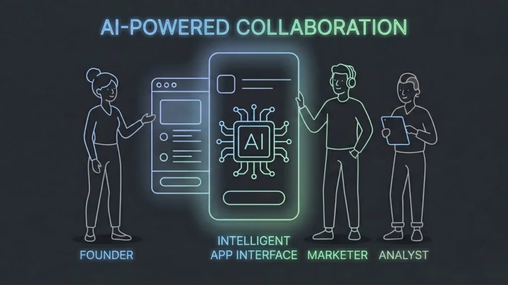 Diverse professionals collaborating around a glowing AI app interface in a minimal dark mode style.