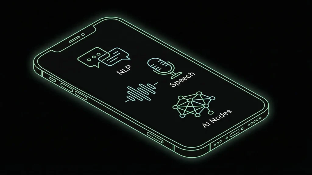 Dark minimal smartphone interface featuring neon line-art icons for NLP and AI.
