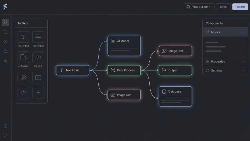 Minimal dark mode line-art dashboard showing connected drag-and-drop AI workflow blocks.