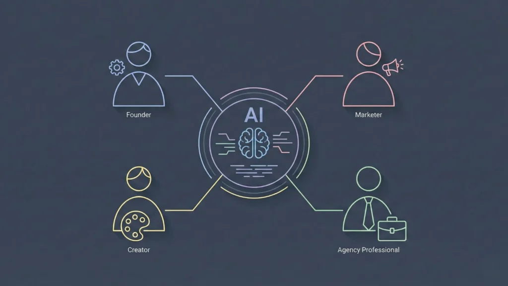 Minimal line-art illustration of diverse professionals connected to a central AI interface hub.