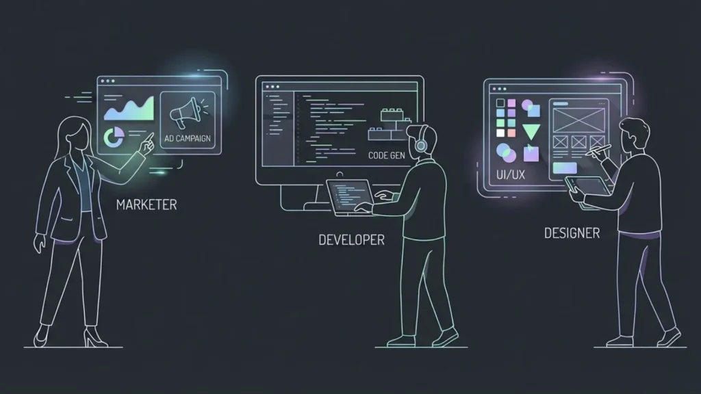 Line-art illustration of marketer, developer, and designer interacting with screens.