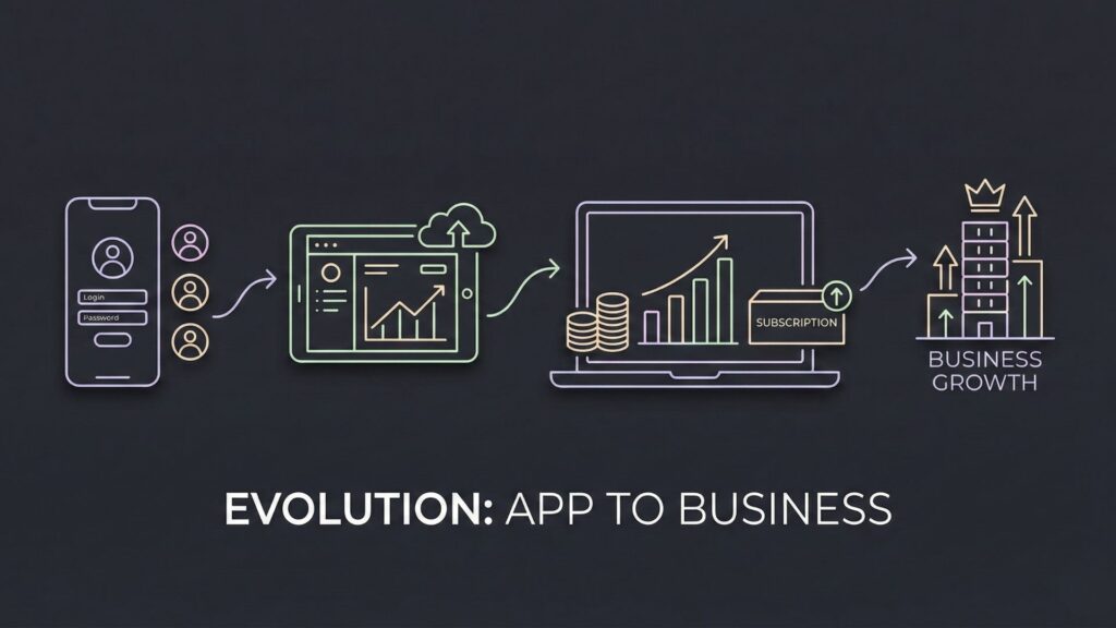 App monetization journey showing user login, analytics dashboard, subscription revenue, and business growth illustrated through connected icons.