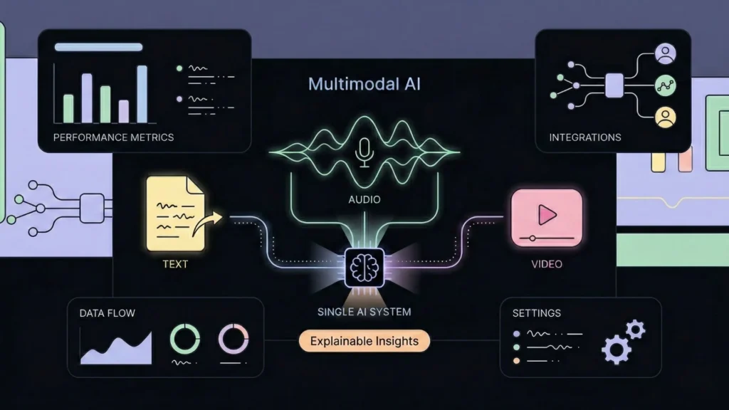 Dark mode infographic: Multimodal AI system merging text, audio, and video.