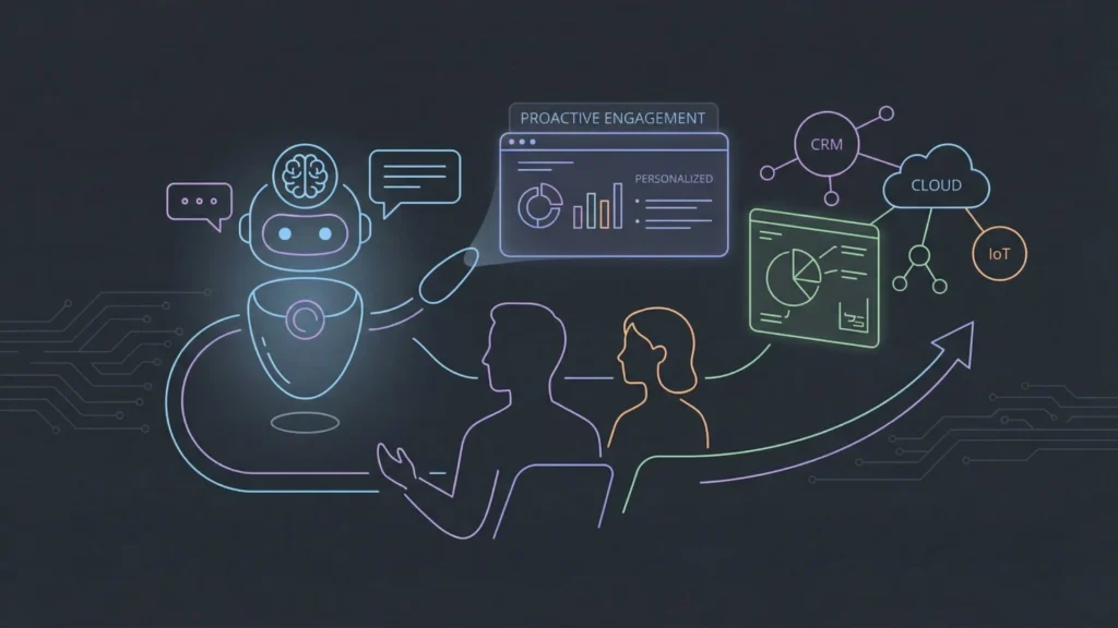 Neon illustration of AI-powered personalized customer engagement with data analytics and cloud integration.