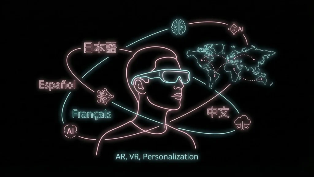 Futuristic neon AR glasses user with world map and multiple language icons.