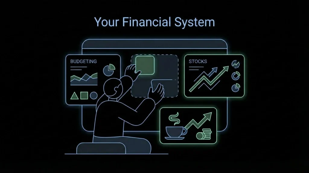 Dark mode neon illustration showing person interacting with budgeting and stock dashboard.