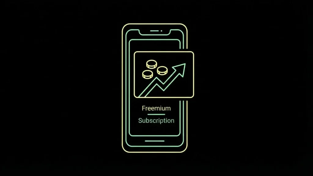 Neon line art of smartphone displaying freemium and subscription text with financial graph.