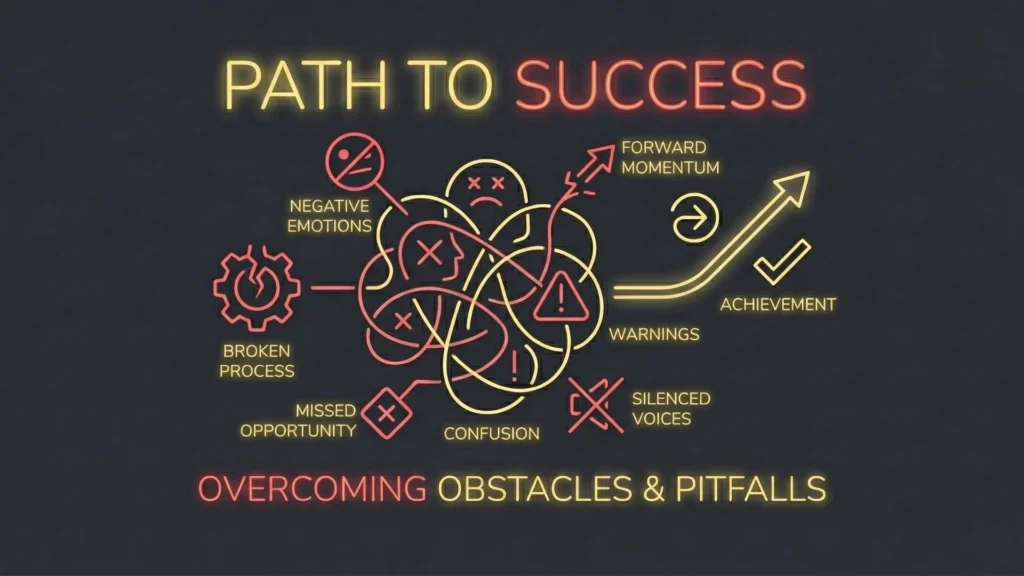 Neon diagram illustrating the path to success by overcoming obstacles and pitfalls with text and icons.