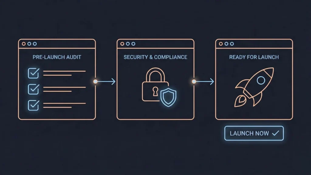 Neon diagram showing pre-launch audit, security, and ready for launch steps with a button.