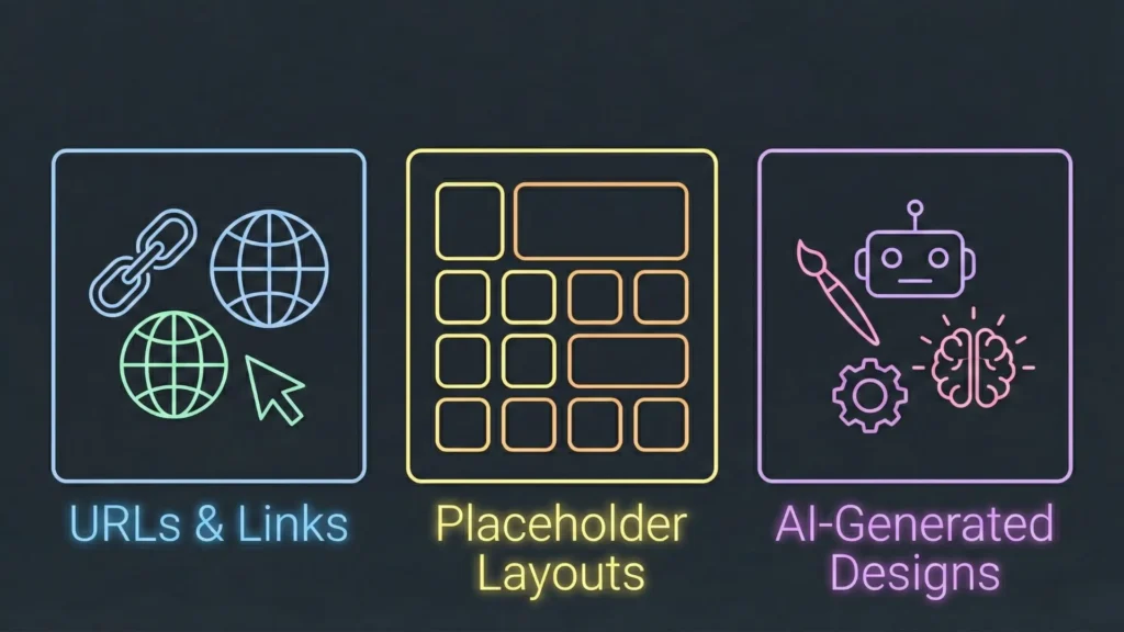 Neon icons showing URLs, placeholder layouts, and AI-generated design concepts.