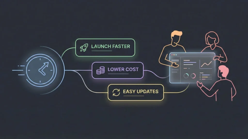 Neon illustration showing a fast workflow for launching, cost-saving, and updating.