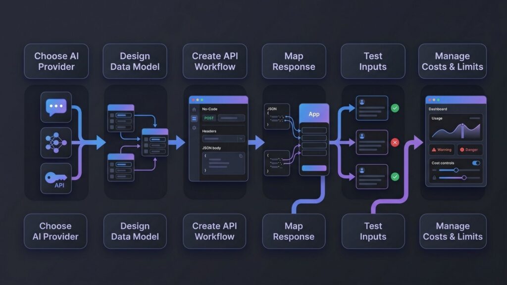 Step-by-step no-code AI workflow including choosing AI provider, designing data model, creating API workflow, mapping response, testing inputs, and managing costs dashboard