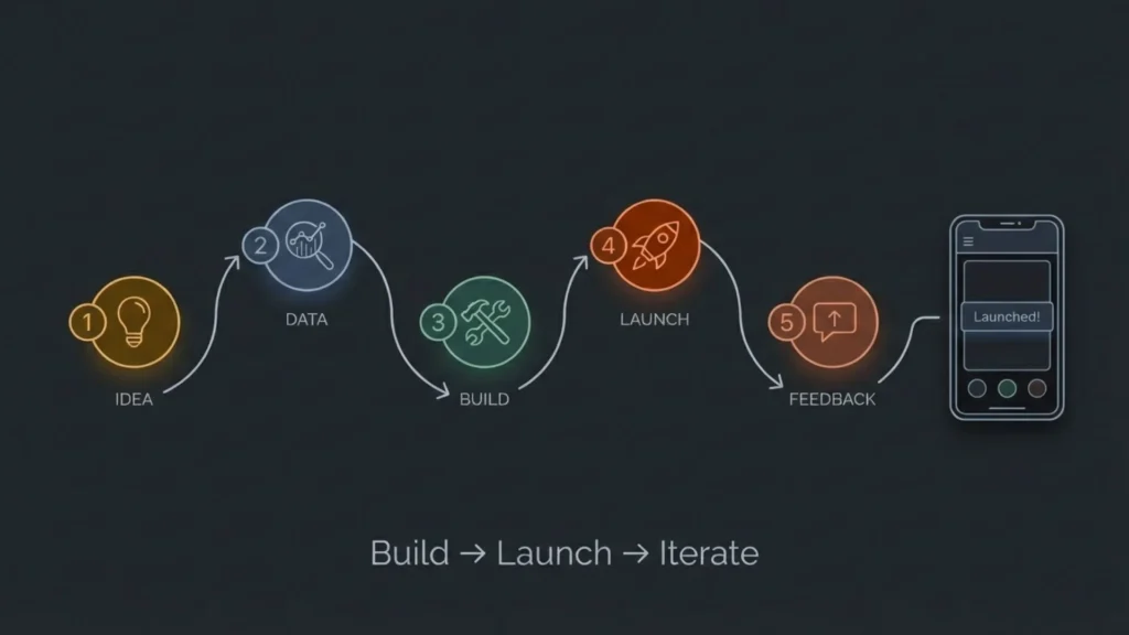 Visual workflow showing the no-code AI process from idea and data to build, launch, and feedback, ending with a launched mobile app.