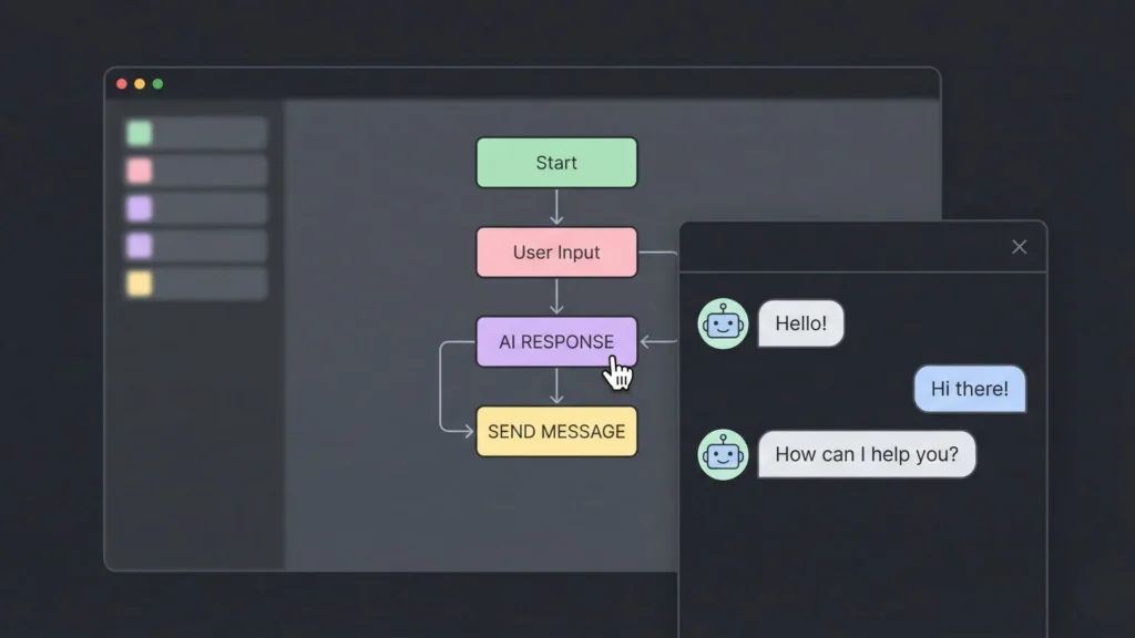 Minimal dark mode illustration of building an AI chatbot using visual no-code blocks.