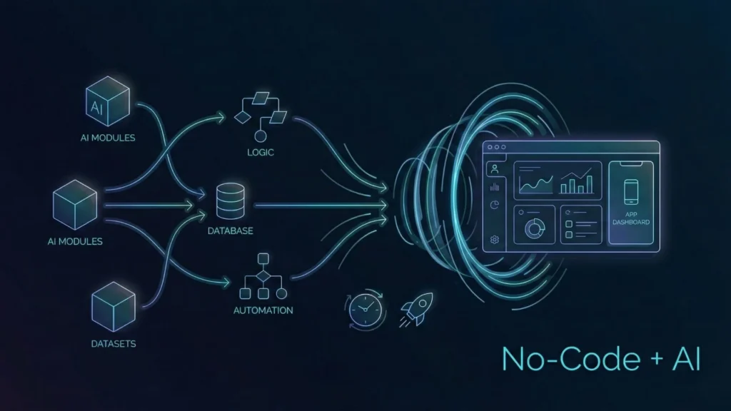 Dark mode illustration showing an AI and no-code workflow connecting to an app dashboard.