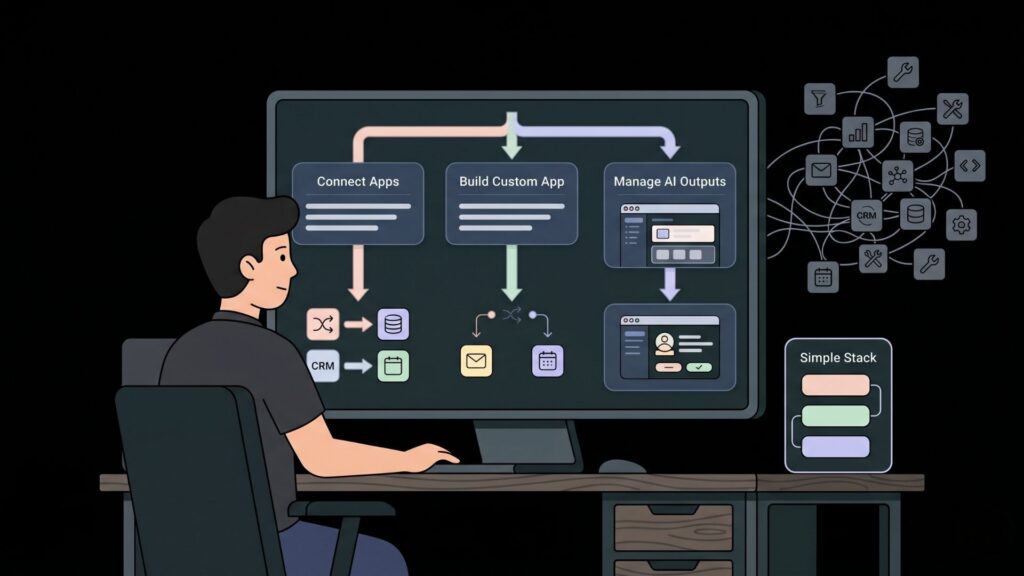 A user sitting at a desk interacting with a visual no-code platform on a large curved monitor, demonstrating features to connect apps, build custom applications, and manage AI outputs to simplify complex software stacks.