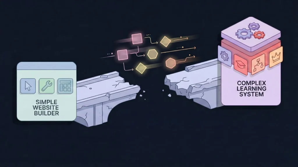 Broken bridge between simple website builder and complex learning system with data flow.