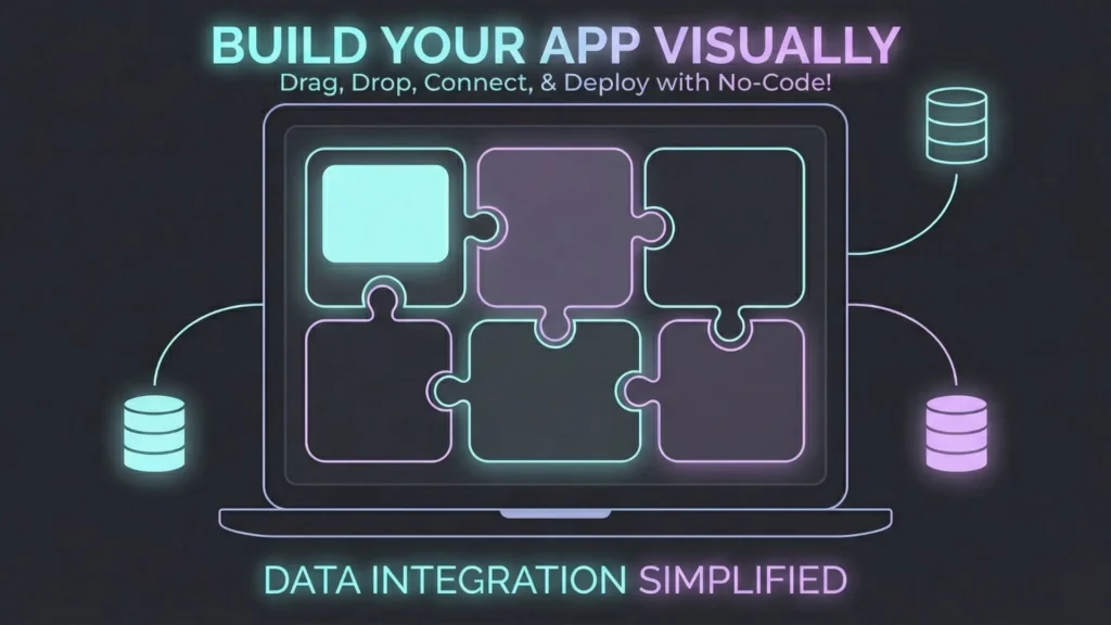 Neon graphic on a laptop showing no-code visual app building with puzzle pieces and connected databases.