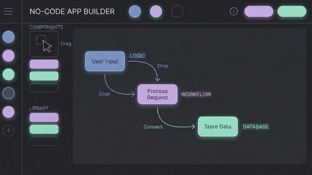 Minimal dark mode no-code builder interface showing logic, workflow, and database automation flows.