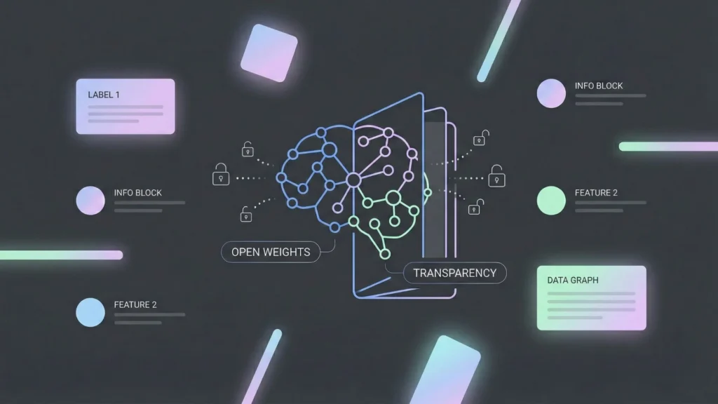 Vector illustration of AI brain labeled open weights and transparency.