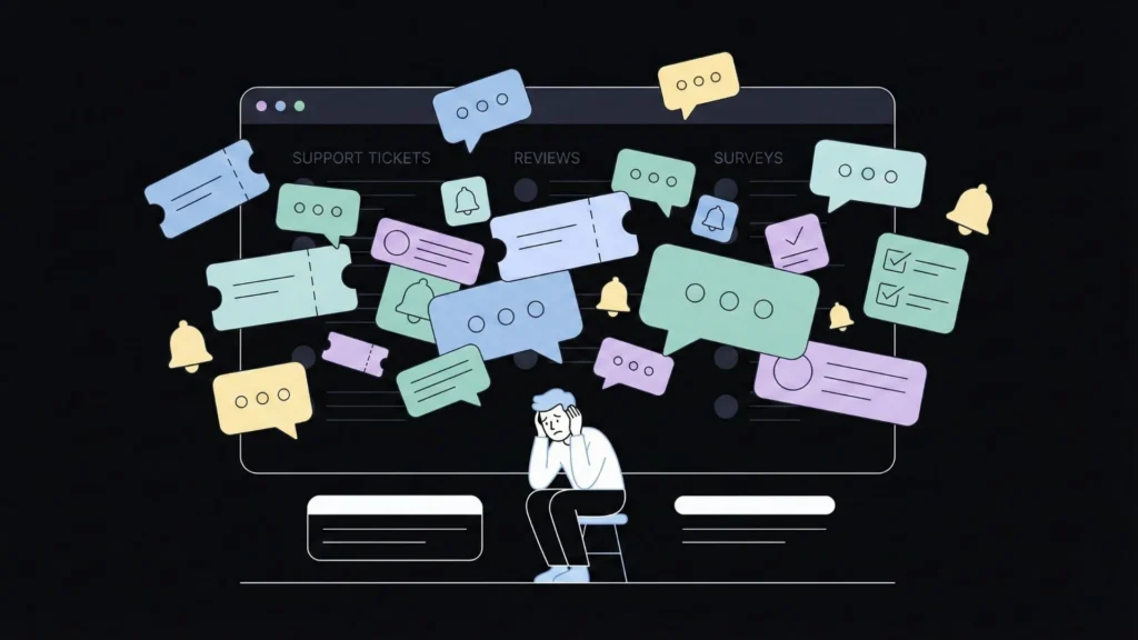 Stressed user viewing chaotic dark mode dashboard overflowing with notifications.