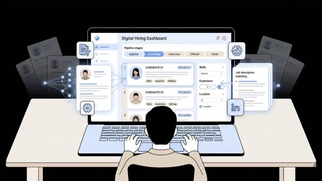 person using an ai powered digital hiring dashboard for candidate screening