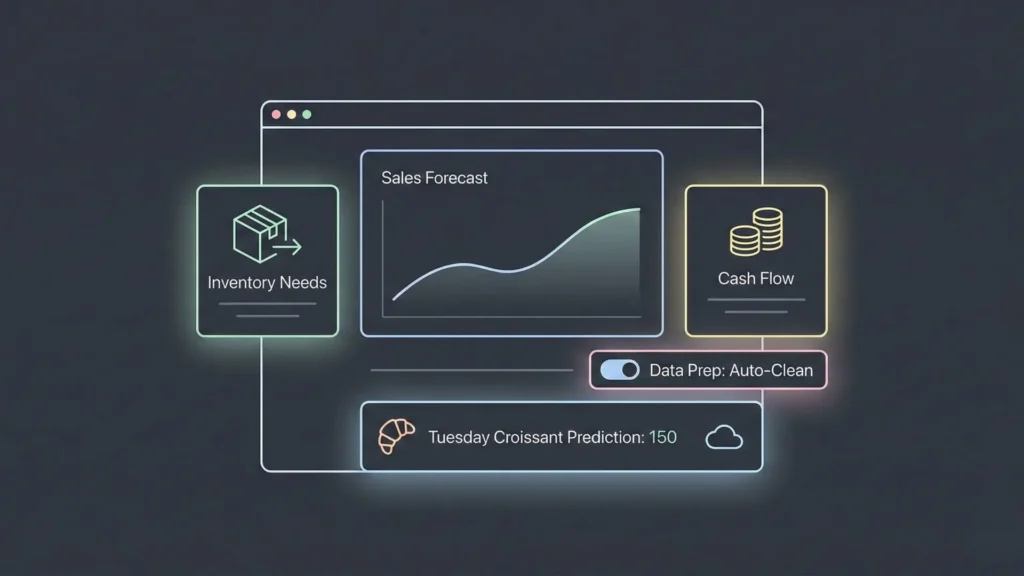 Minimal line-art illustration of a predictive analytics dashboard in dark mode, displaying sales forecasts, inventory needs, and cash flow predictions with soft pastel outlines.