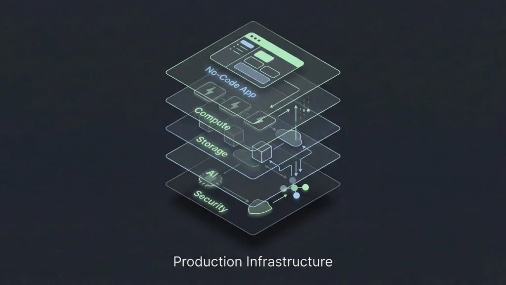 Stacked cloud infrastructure layers glowing beneath a no-code application.