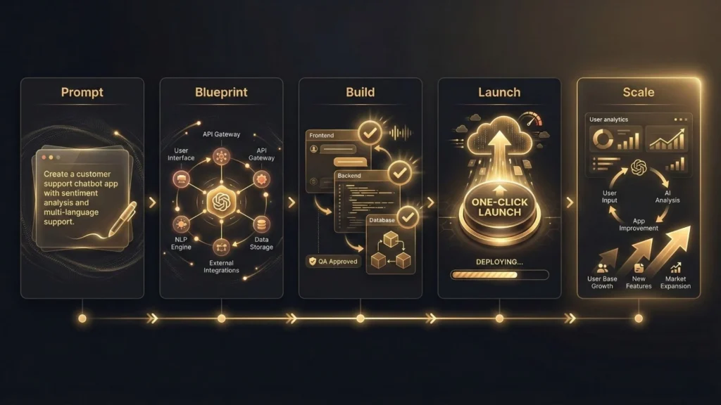 Five-step workflow showing how a free AI app builder turns a prompt into a launched and scalable application