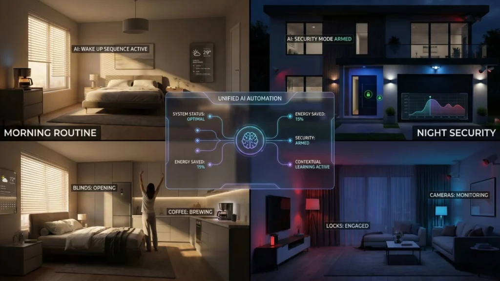Real-world smart home use cases showing AI-powered morning routines and night security automation across connected rooms.