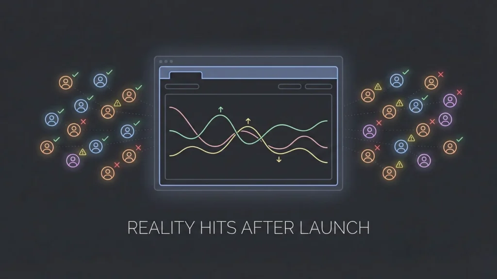 A minimal dark-mode line-art illustration featuring a central dashboard with fluctuating analytics lines surrounded by user avatars with feedback icons, captioned "Reality hits after launch."