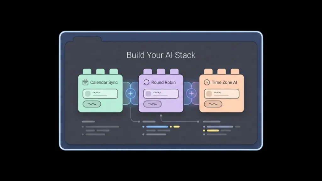 Dark mode SaaS interface showing modular AI blocks connecting like Lego pieces.