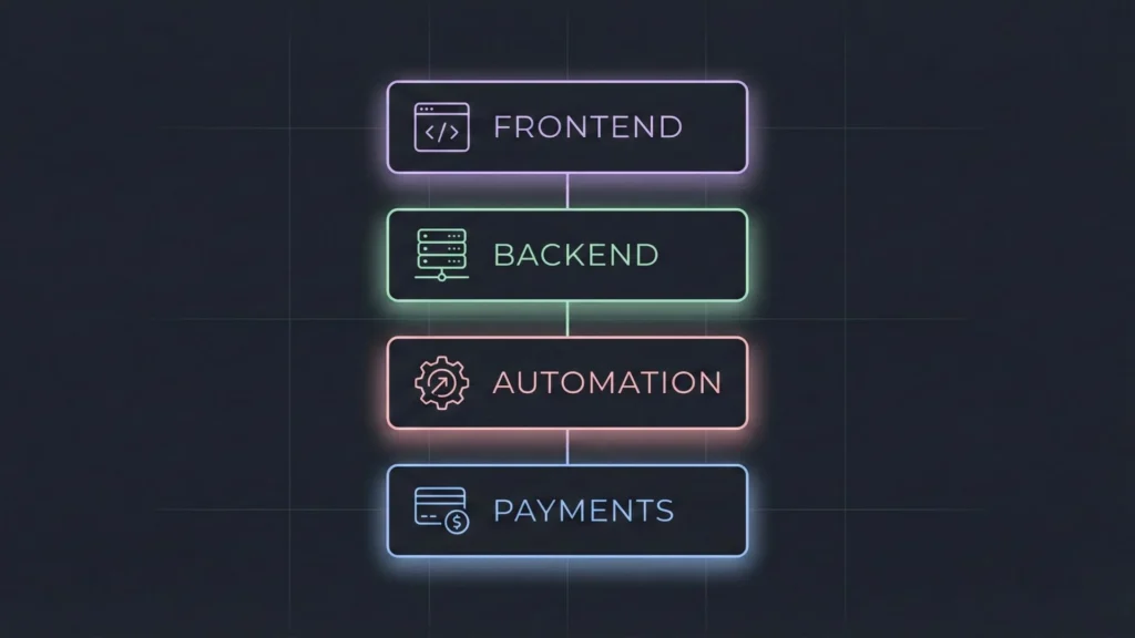 Minimal dark mode vector illustration showing vertically stacked architecture layers for frontend, backend, and payments.