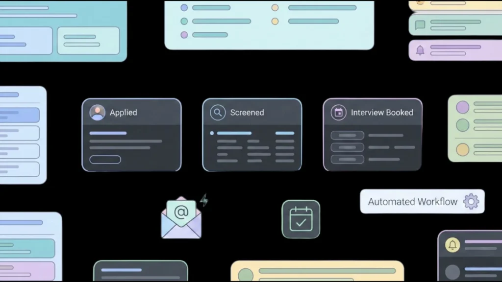 Dark mode SaaS flowchart showing automated candidate screening and interview booking.