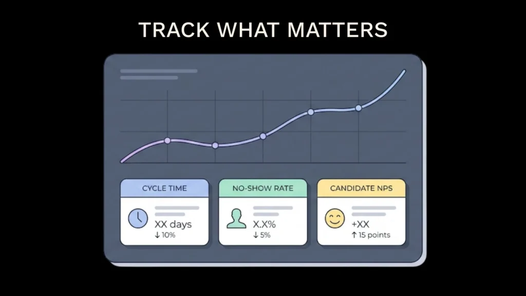 Minimal dark mode SaaS dashboard showing upward trend graph and recruitment metrics.