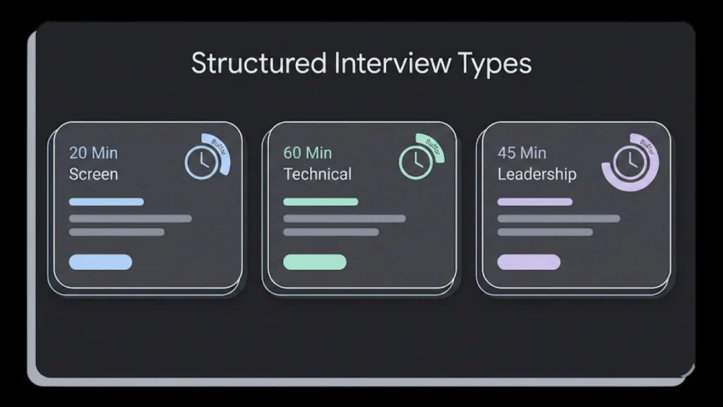 Dark mode SaaS UI displaying three structured interview scheduling cards.
