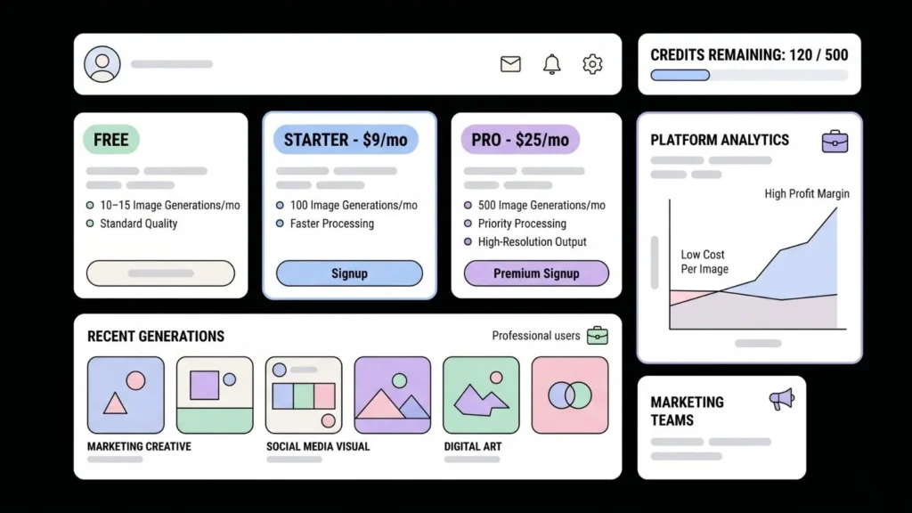 showing pricing tiers analytics charts and image generation
