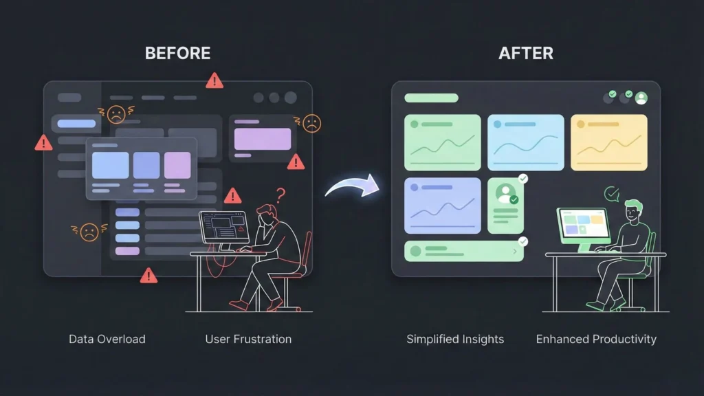 Vector illustration showing SaaS dashboard UI before and after improvement.