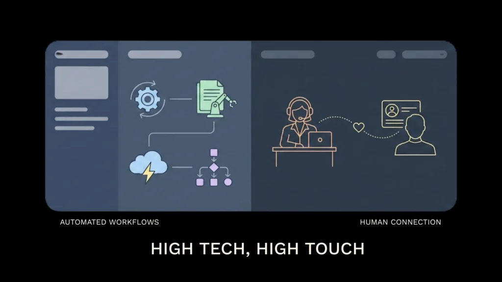 Dark mode split screen showing automated workflows and human recruiter candidate connection.