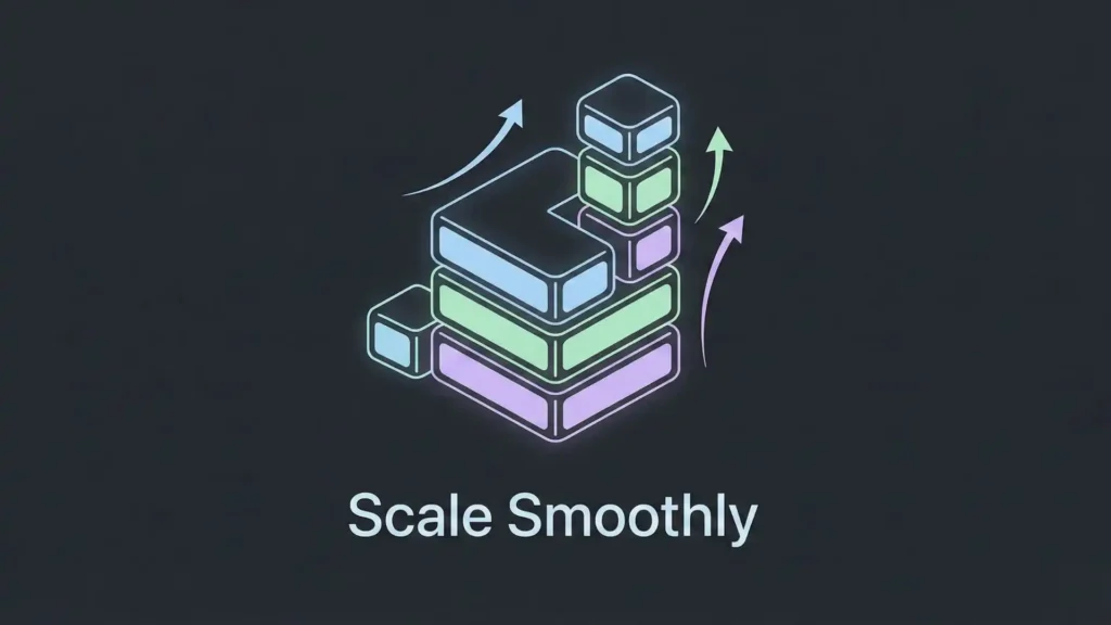 Dark mode illustration of scalable app blocks expanding upwards with arrows and Scale Smoothly text.