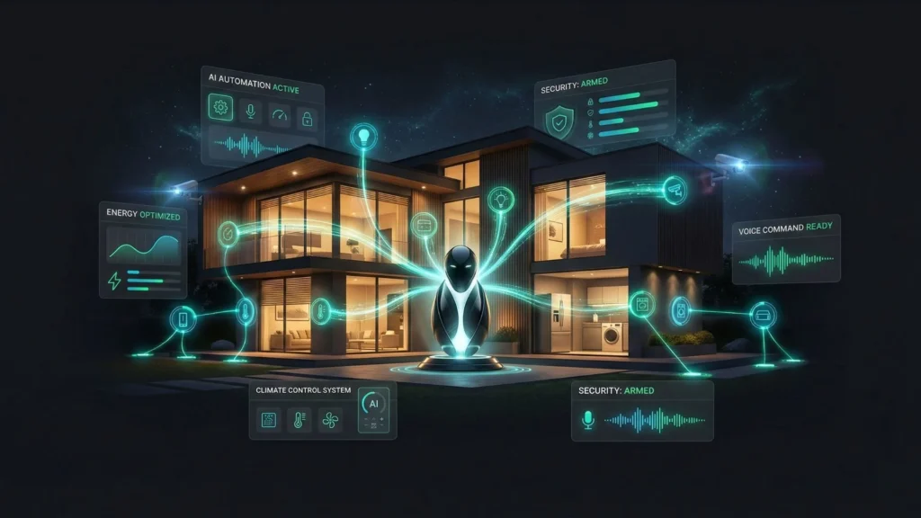 Scalable smart home system with a central AI hub connecting lighting, security, climate, and voice controls in a future-ready architecture.
