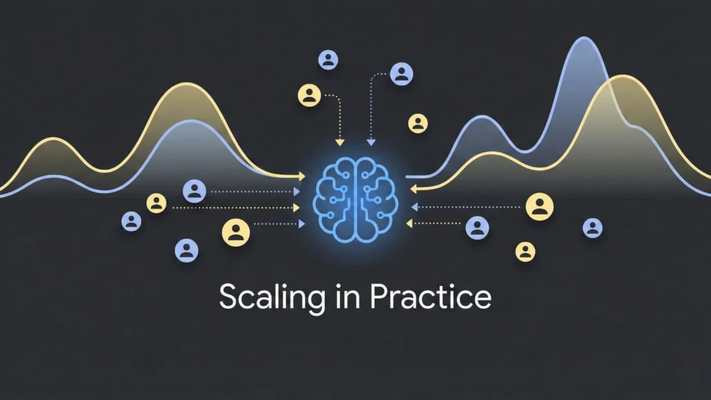 Dark mode illustration showing AI scaling with user icons and graphs.