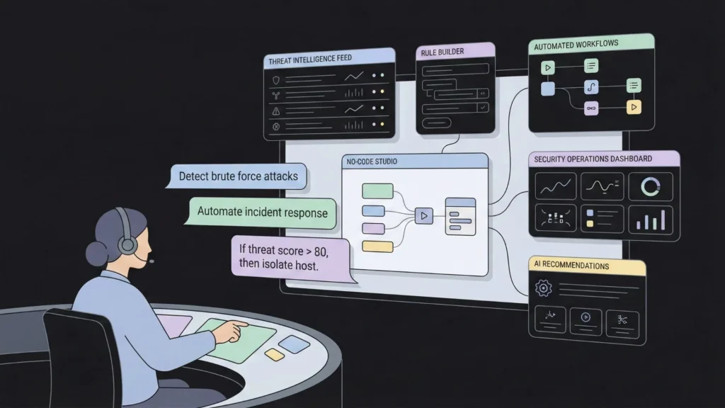 Security analyst automates threat detection using natural language AI on a dashboard.