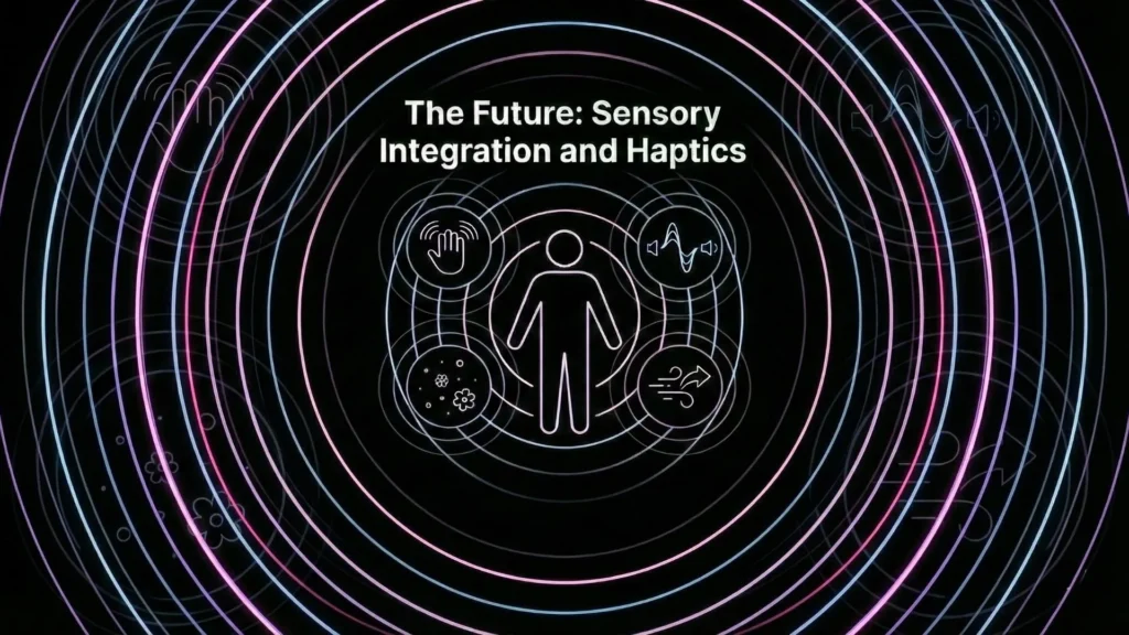 Dark mode illustration showing sensory integration icons and full background haptic ripples.