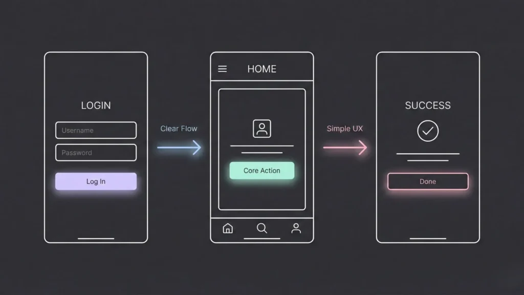 Minimal dark mode wireframe illustrating a clear and simple user flow with soft pastel arrows.