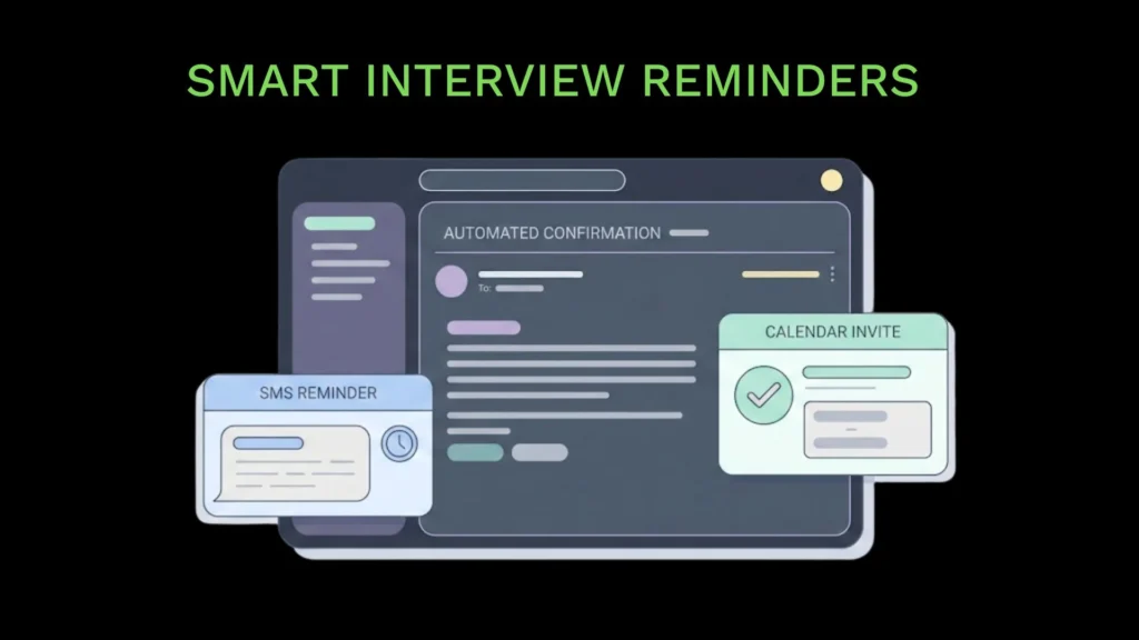 Dark mode UI illustration showing automated email, SMS reminder, and calendar invite.