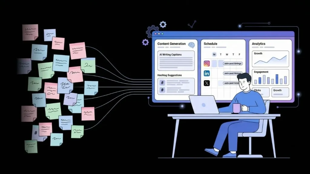 social media management tool organizing messy ideas into content generation scheduling