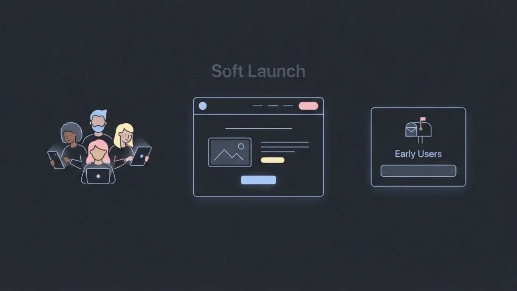 Minimal dark mode illustration showing a soft launch scene with early users and landing page UI.