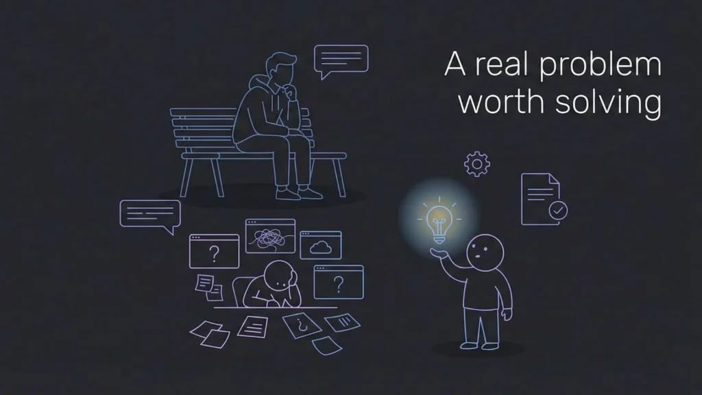 A minimalist dark-mode line-art illustration of a founder observing digital workspace challenges and a "lightbulb moment," featuring the text "A real problem worth solving.