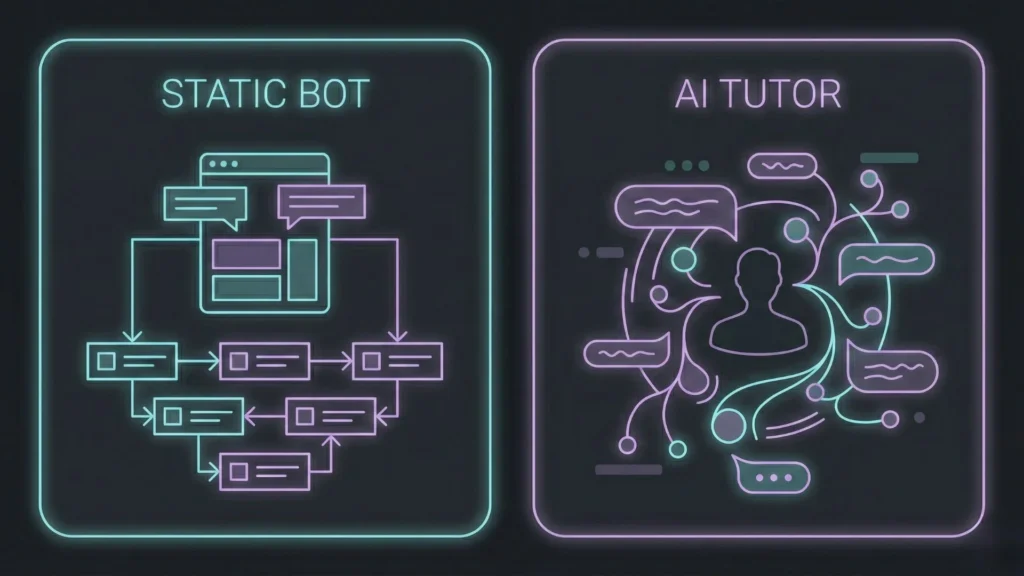 Dark mode illustration comparing static flowchart bot versus adaptive AI tutor.